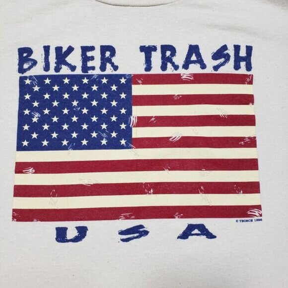 Vintage Biker Trash Shirt Adult Large Beige Flag Made USA 1996 Single‎ Stitch - Picture 5 of 6